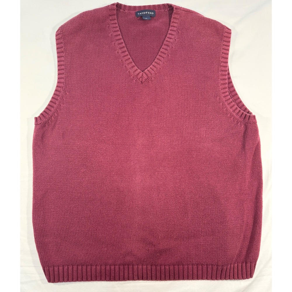 Lands End Mens Burgundy Cotton V-Neck Sweater Vest Size L 42-44 V3563